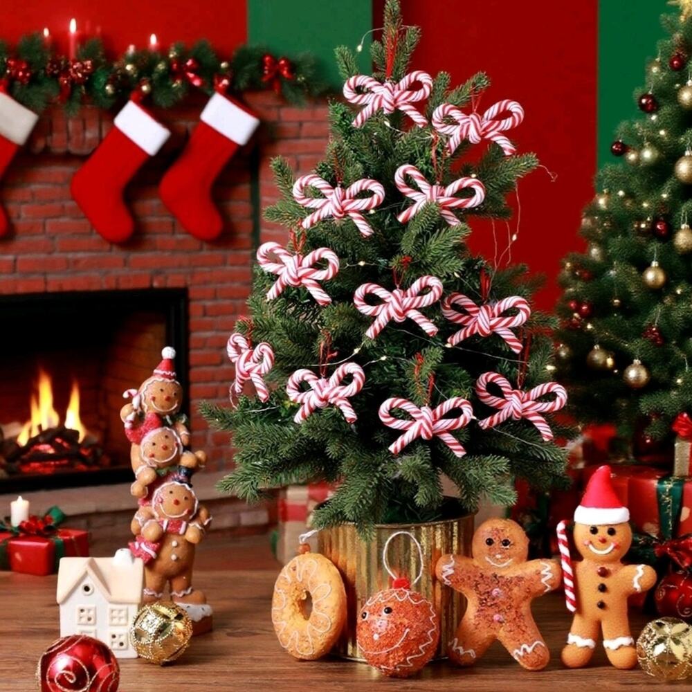 24PCS Candy Cane Bows Ornaments Red White Christmas Tree Hanging Decorations
